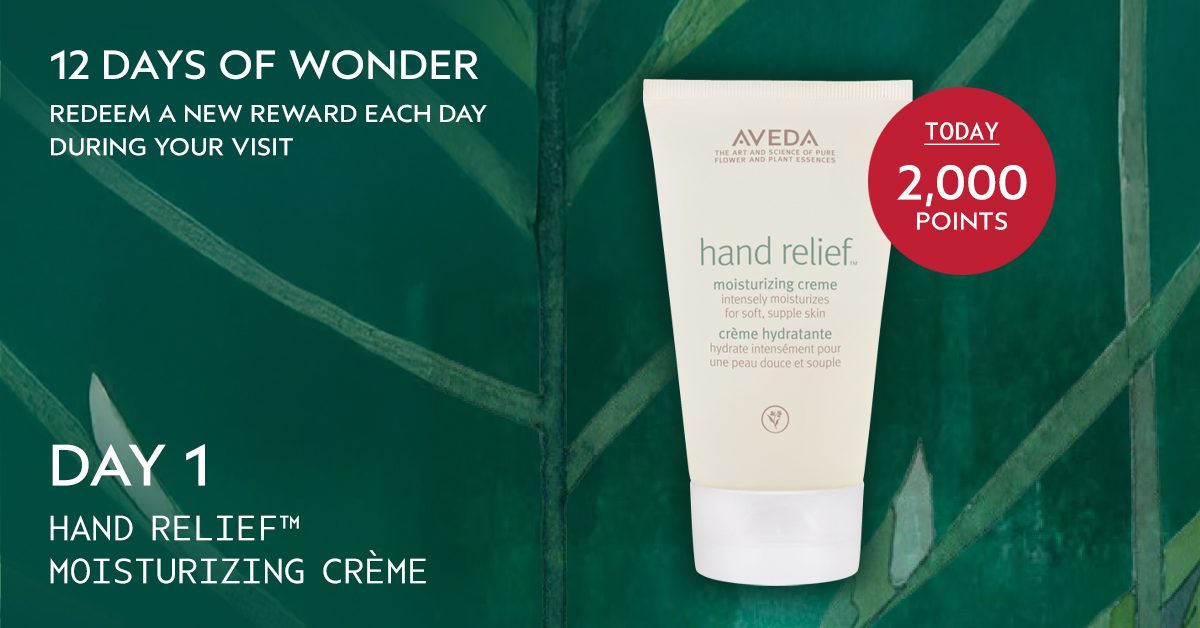 Rejuvenation Spa Aveda 12 Days of Wonder. Aveda Plus Rewards Day 1, Hand Relief Moisturizing Cream for 2,000 points.