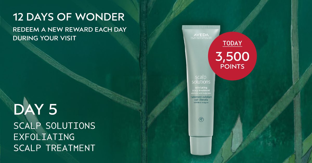 Rejuvenation Spa Aveda 12 Days of Wonder. Aveda Plus Rewards Day 5, Scalp Solutions Exfoliating Scalp Treatment for 3,500 points.