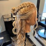 Half-crown braid and curls on long blonde mannequin
