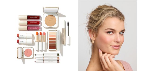 Jane Iredale makeup products with a model showcasing a fresh beauty look.