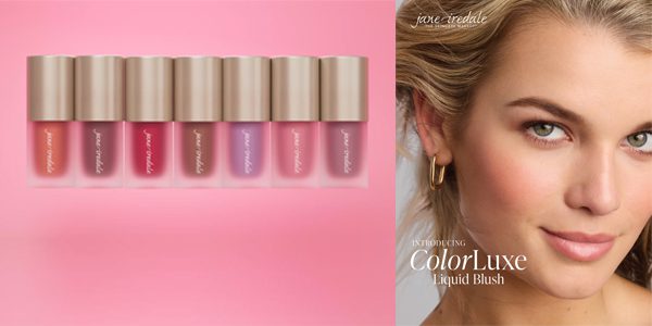 Model wearing Jane Iredale ColorLuxe Liquid Blush next to a lineup of all new liquid blush shades
