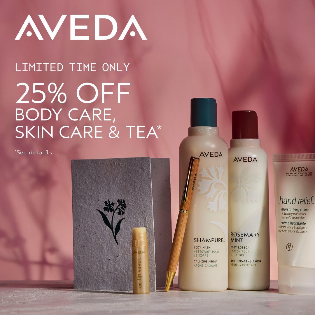 Rejuvenation Spa Mother's Day 2026 Promotion. Aveda 25% off Body Care, Skin Care, and Comforting Tea. Purchase $100 in Aveda Body Care, Skin Care, or Comforting Tea and get a free seeded gift card stationary set, (pictured).