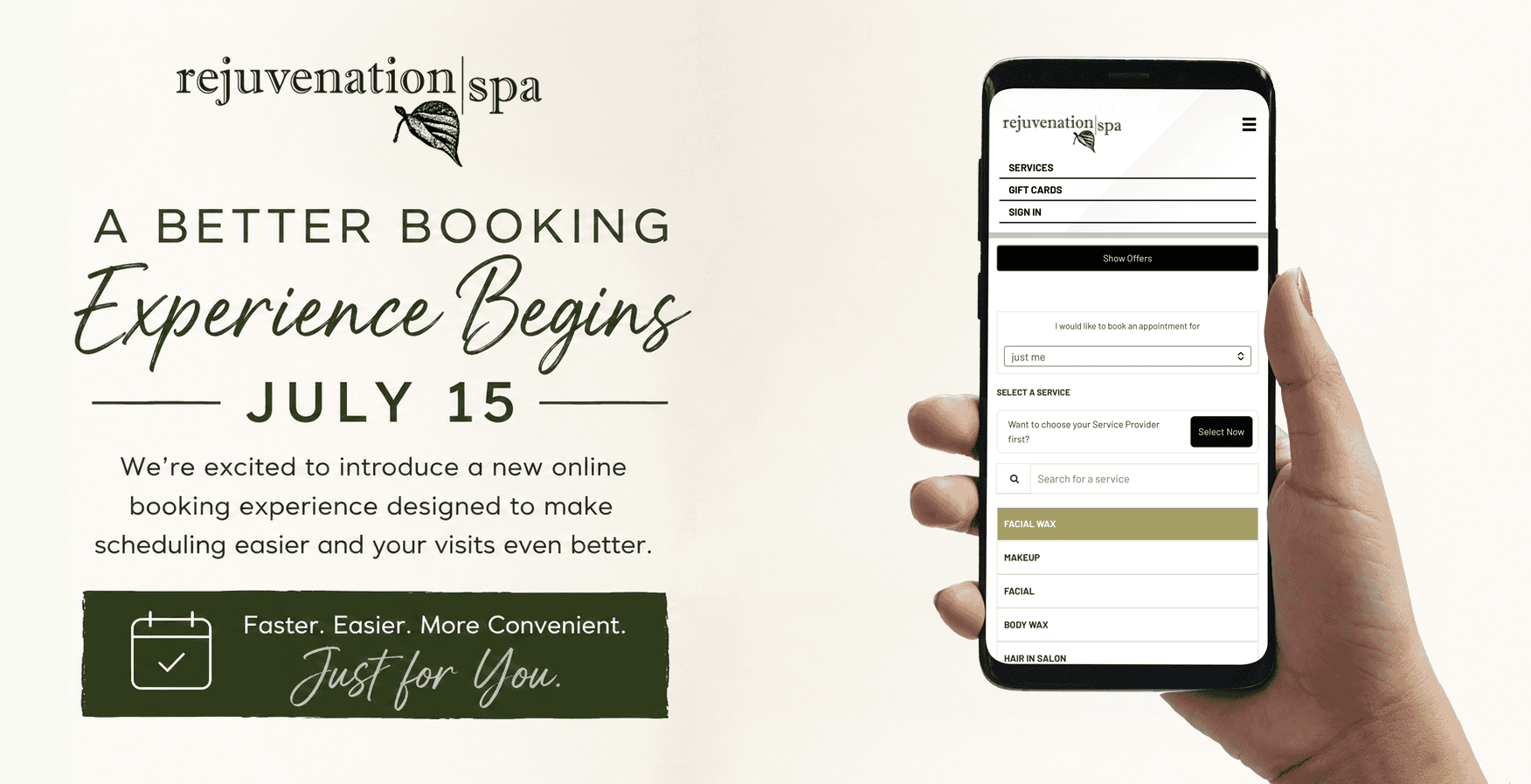 Rejuvenation Spa's New Booking Experience Announcement and person holding cellphone with the new booking site pictured.